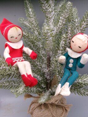 2 Pixie Elf Poseable Felt Ornaments, Shelf Sitters, Vintage Christmas Elves